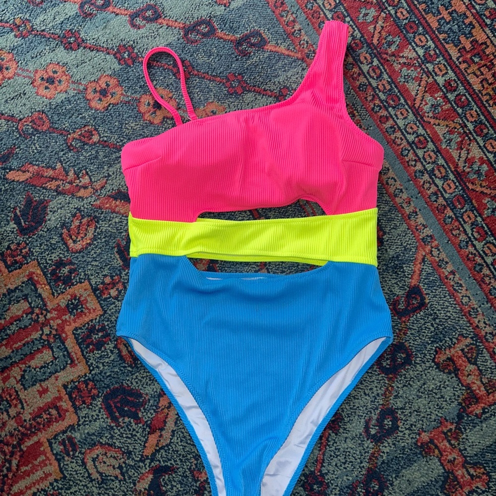 Vibrant Pink, Yellow, and Blue womens One-Shoulder Swimsuit